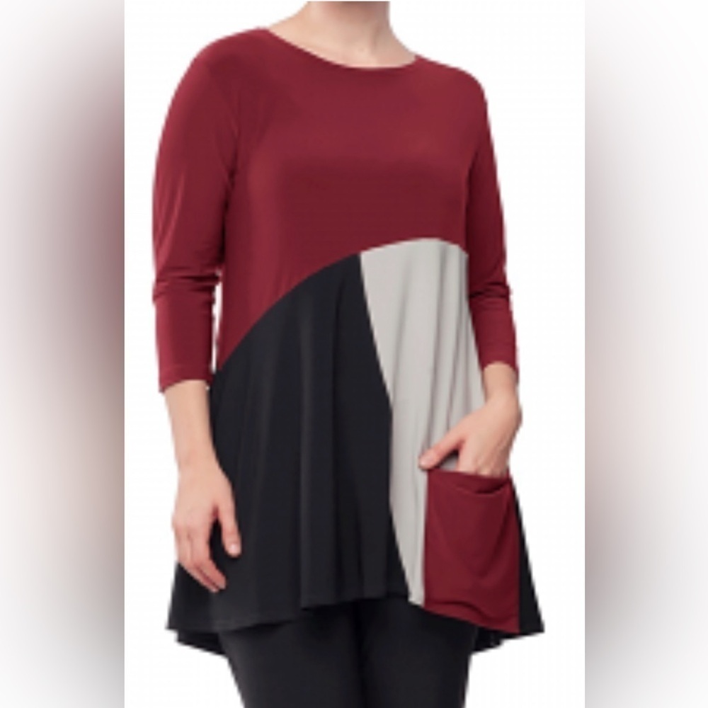 SYMPLI Sz 14 Colour Block Jersey Knit Slinky Slouchy Pocket Boat Neckline Tunic